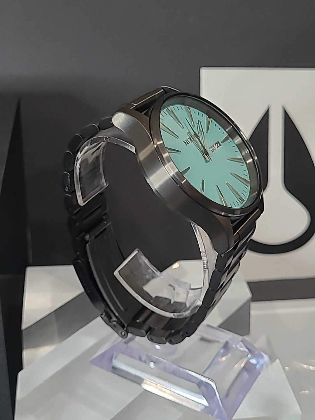 CUSTOM Nixon Sentry Quartz Watch Black Brushed/ Turquoise A105-2800.