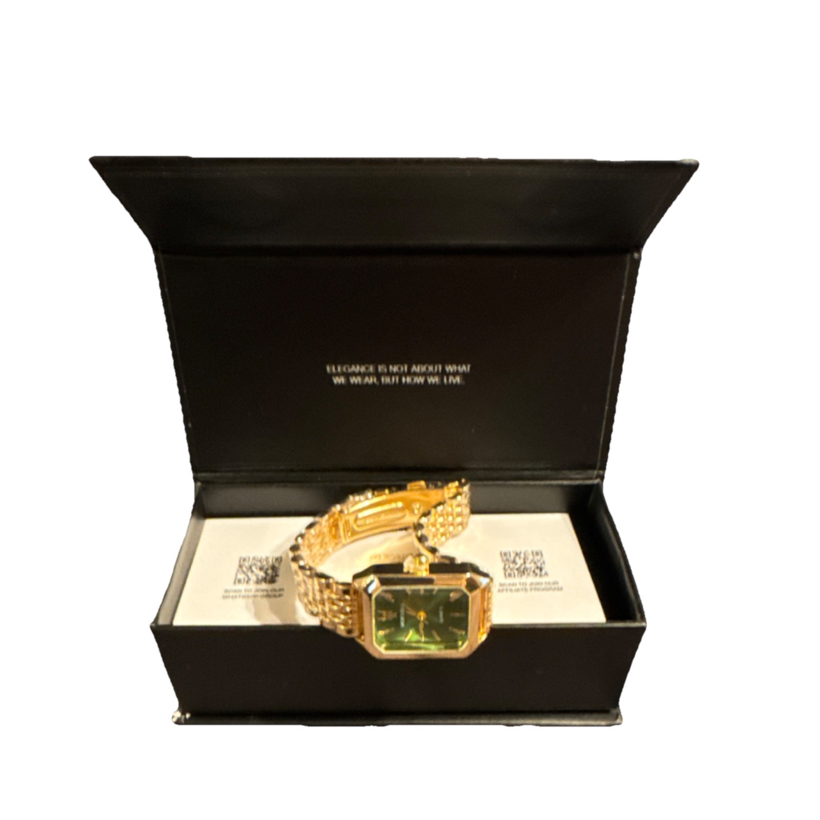 CLARINE Gold Metal Analog Rectangle Wristwatch Green Dial Stick Indexes Box