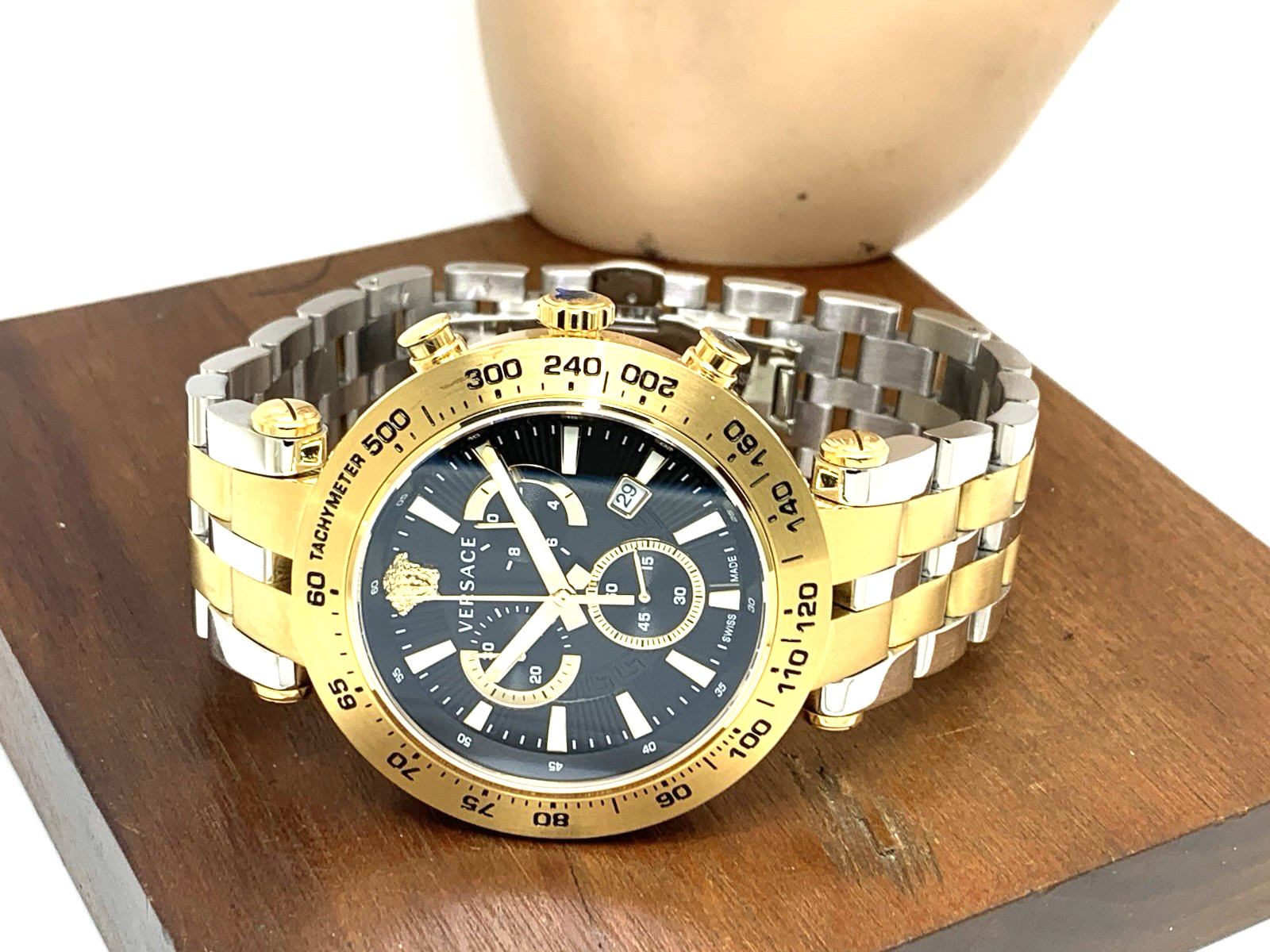 Versace Men’s Watch VEJB00622 Swiss Quartz Chronograph Black Dial Two Tone Steel