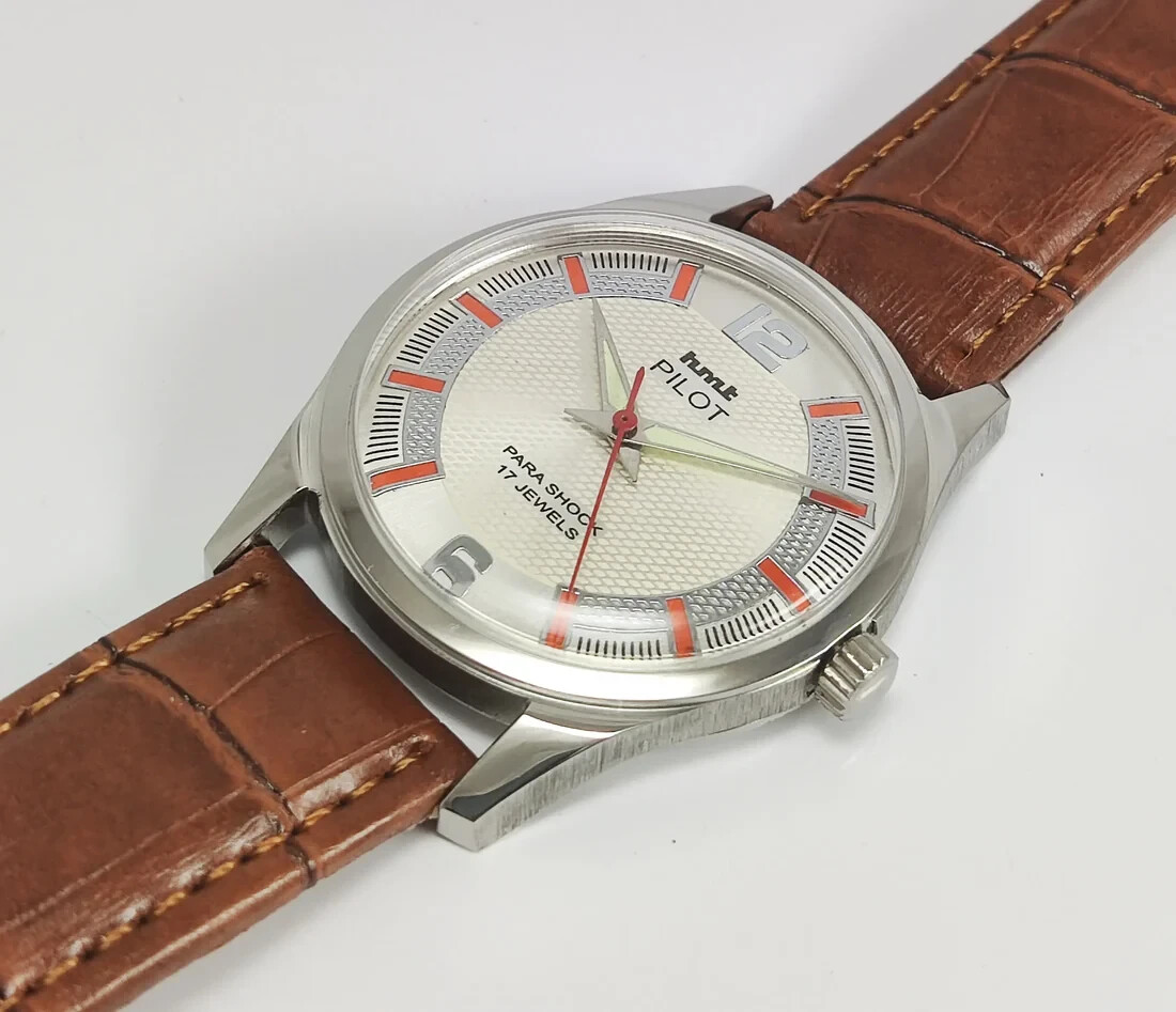 HMT Pilot Pearl Dial 17 Jewels Mechanical Handwinding Skeleton Back Wrist Watch