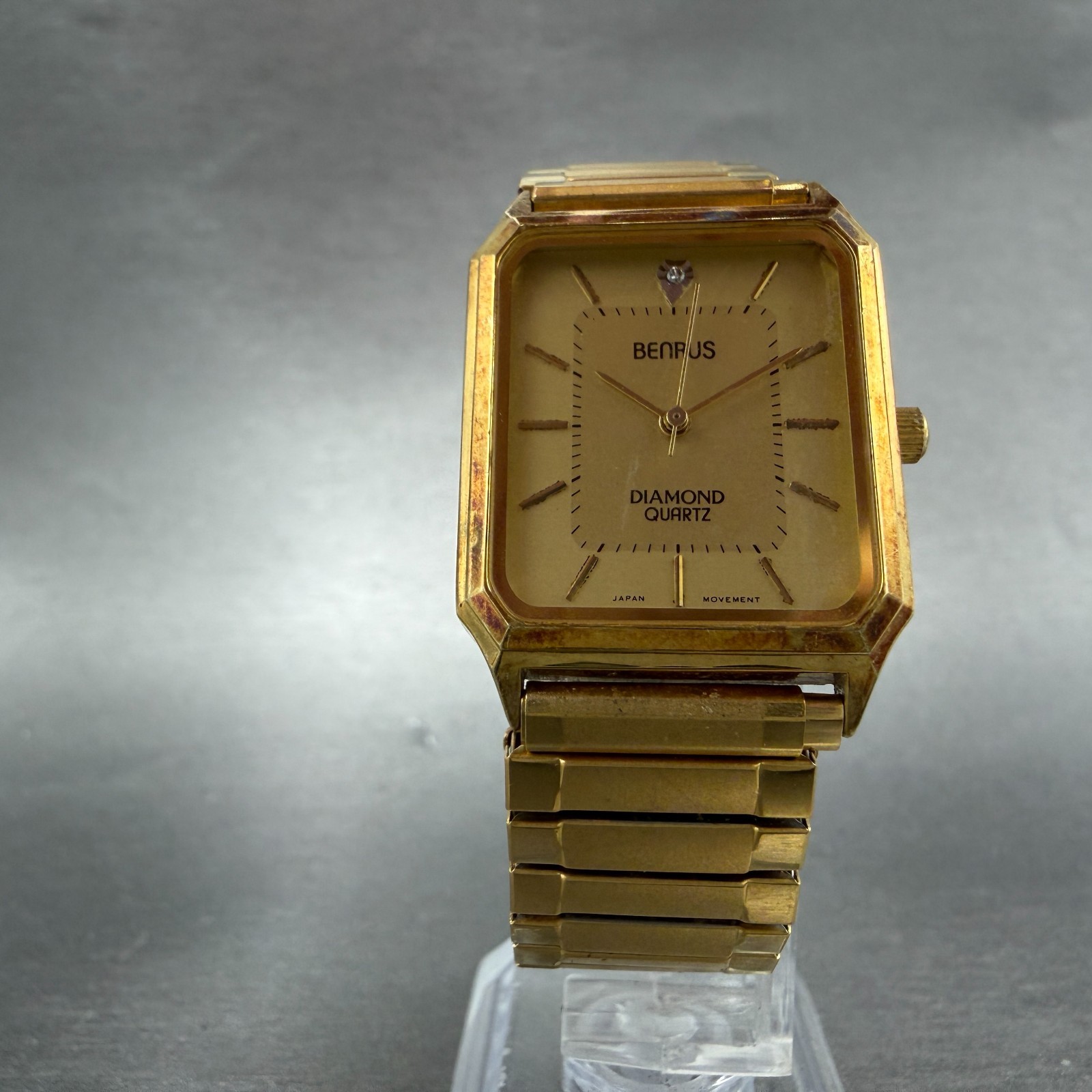 Benrus Tank Watch Men 26mm Gold Dial Gold Tone Octagon New Battery VTG