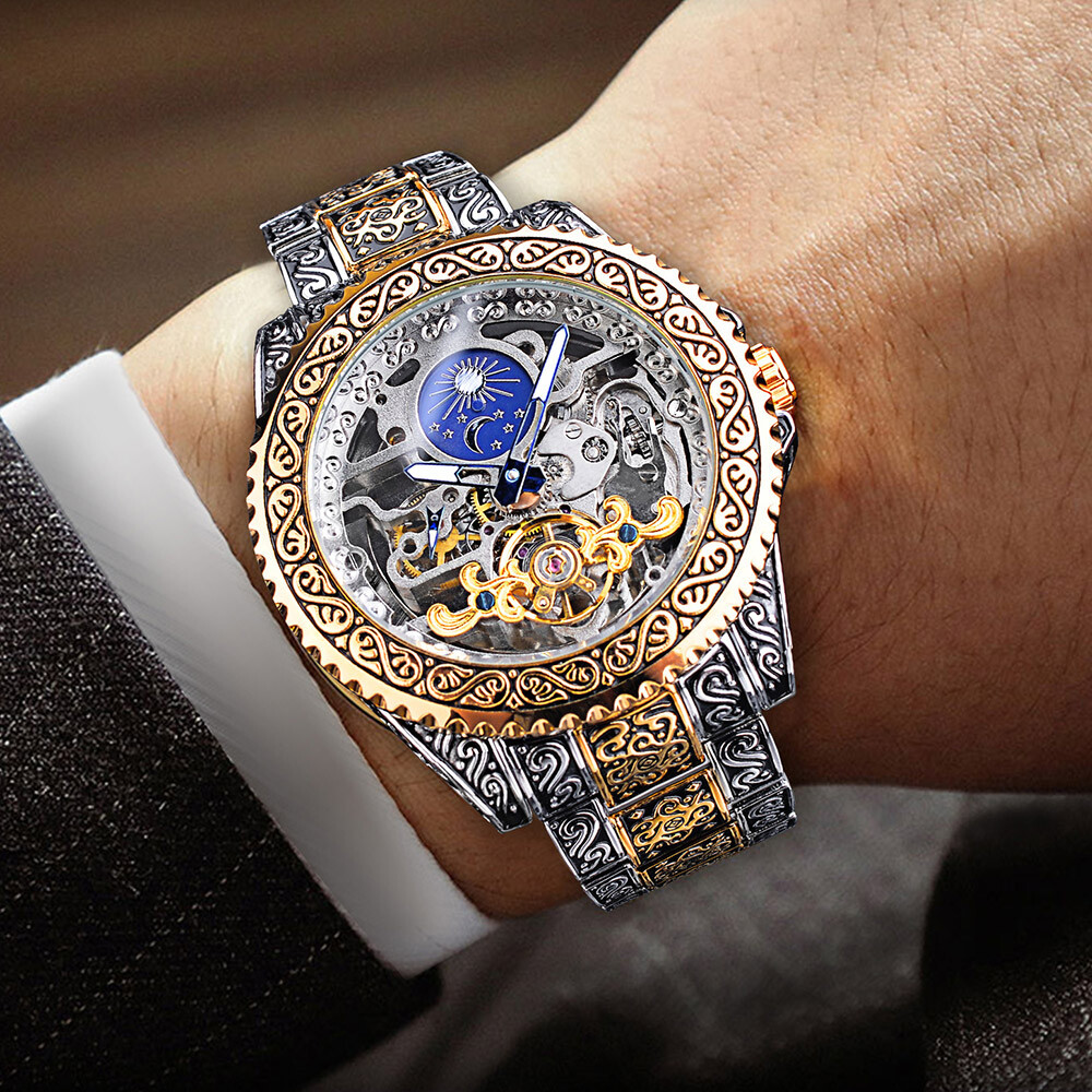 FORSINING Men Retro Luxury Carved Skeleton Tourbillon Automatic Mechanical Watch
