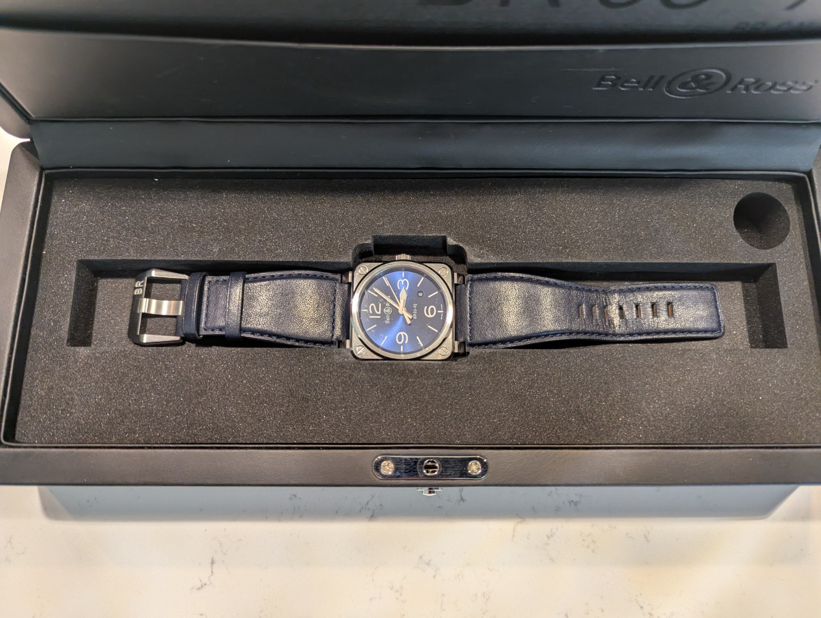 Bell & Ross BR 03-92 42mm Dark Blue Leather band. Excellent condition