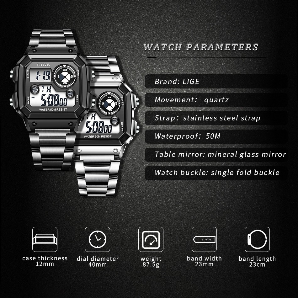 LIGE Men Watch Quartz LED Digital Luminous Date Waterproof Sport Boy Wristwatch