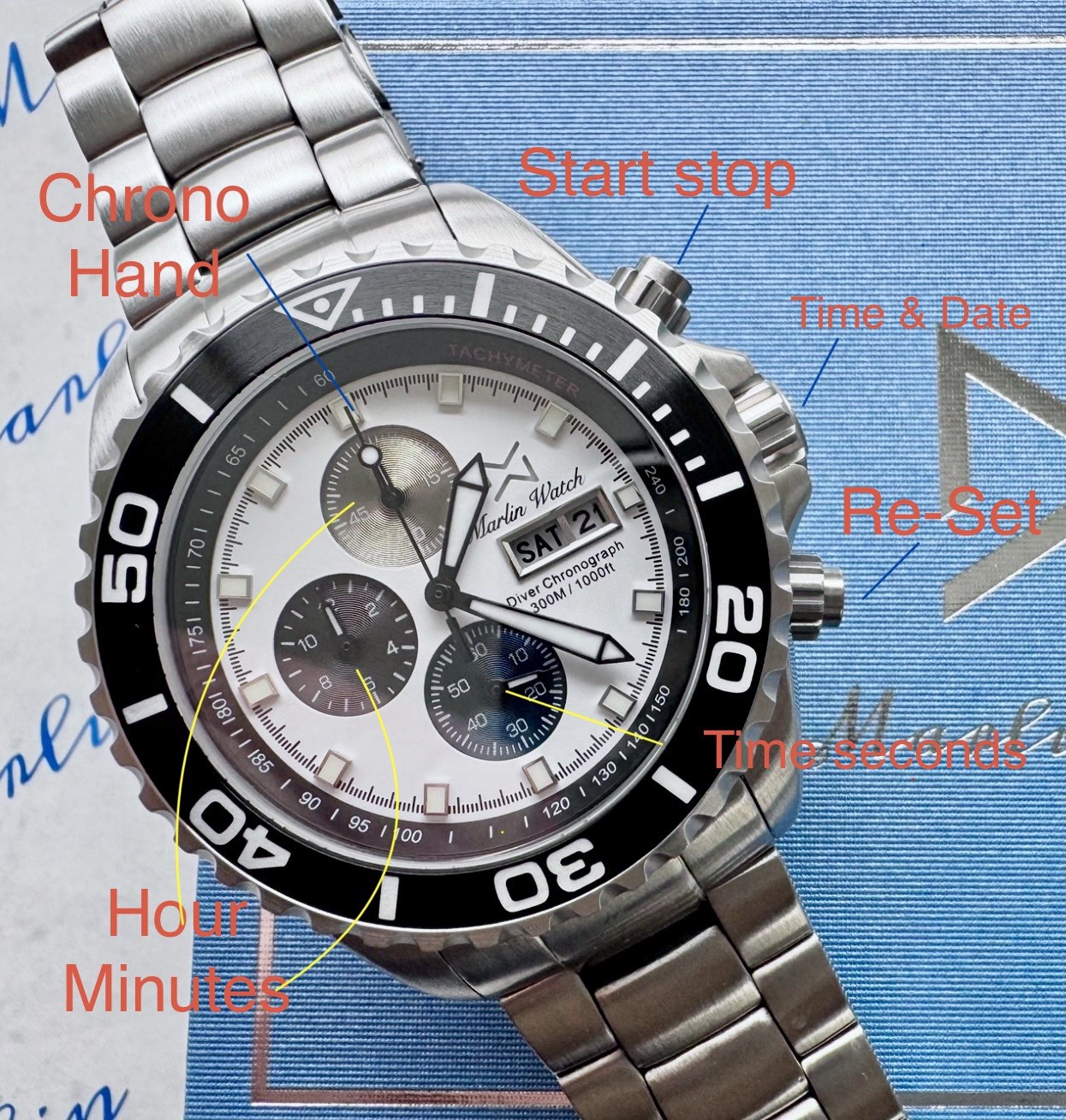 Mens Diver watch chronograph MARLINWATCH Sapphire BGW9 🐟 SCREW DOWN CROWN 👑