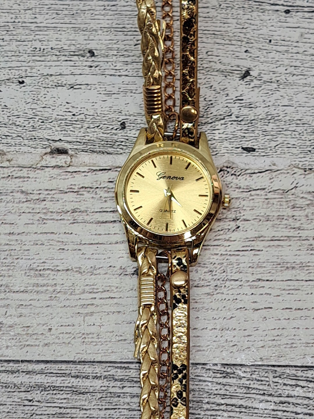 Geneva Women’s Watch Button Snap Multi Braid Snake Skin Gold Tone Bracelet Band