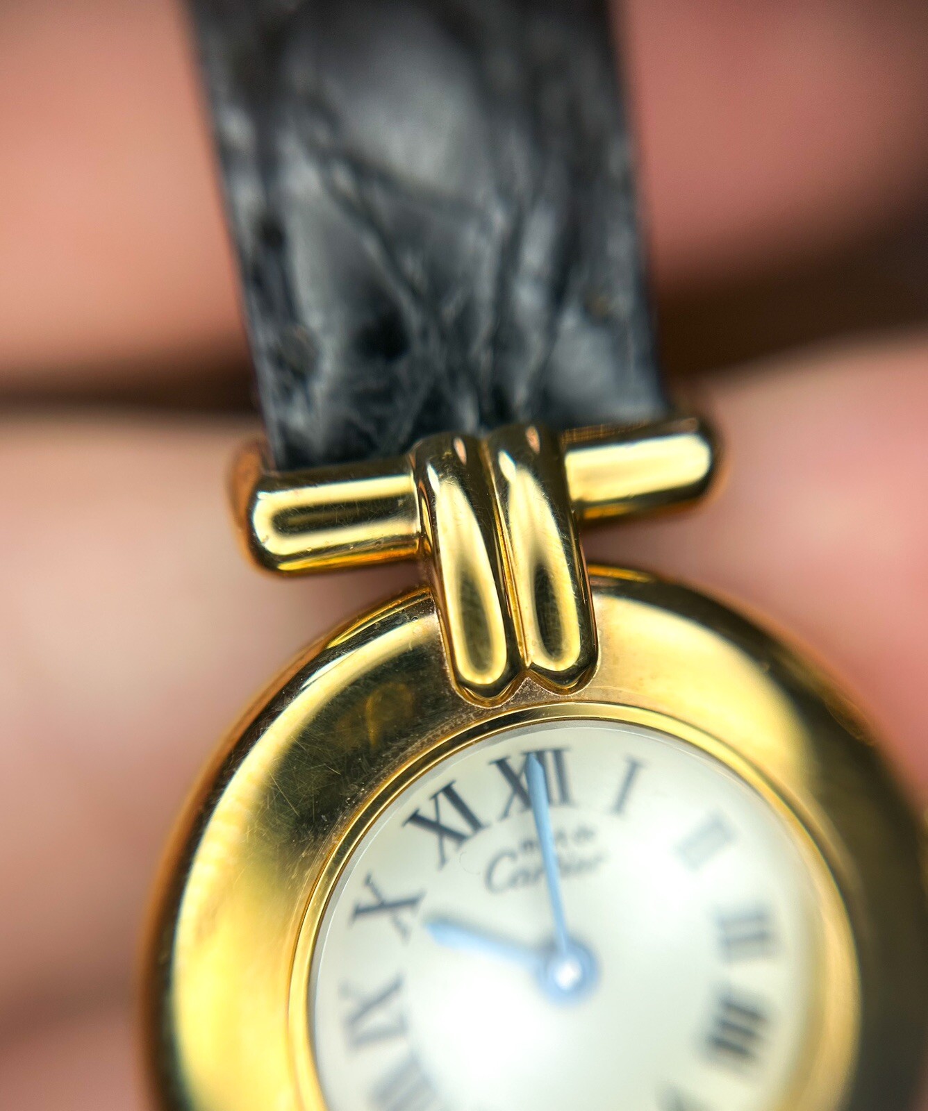 Vintage Must De Cartier Vermeil Quartz Argent 925 Leather Strap Watch Ladies