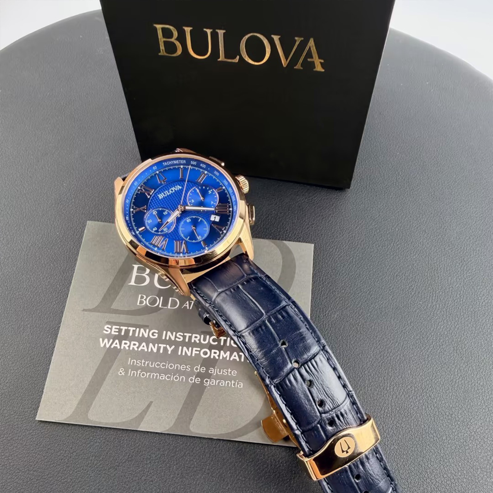 Men’s Bulova Wilton Blue Dial Leather Chronograph 97B170 Quartz New Watch 46.5mm