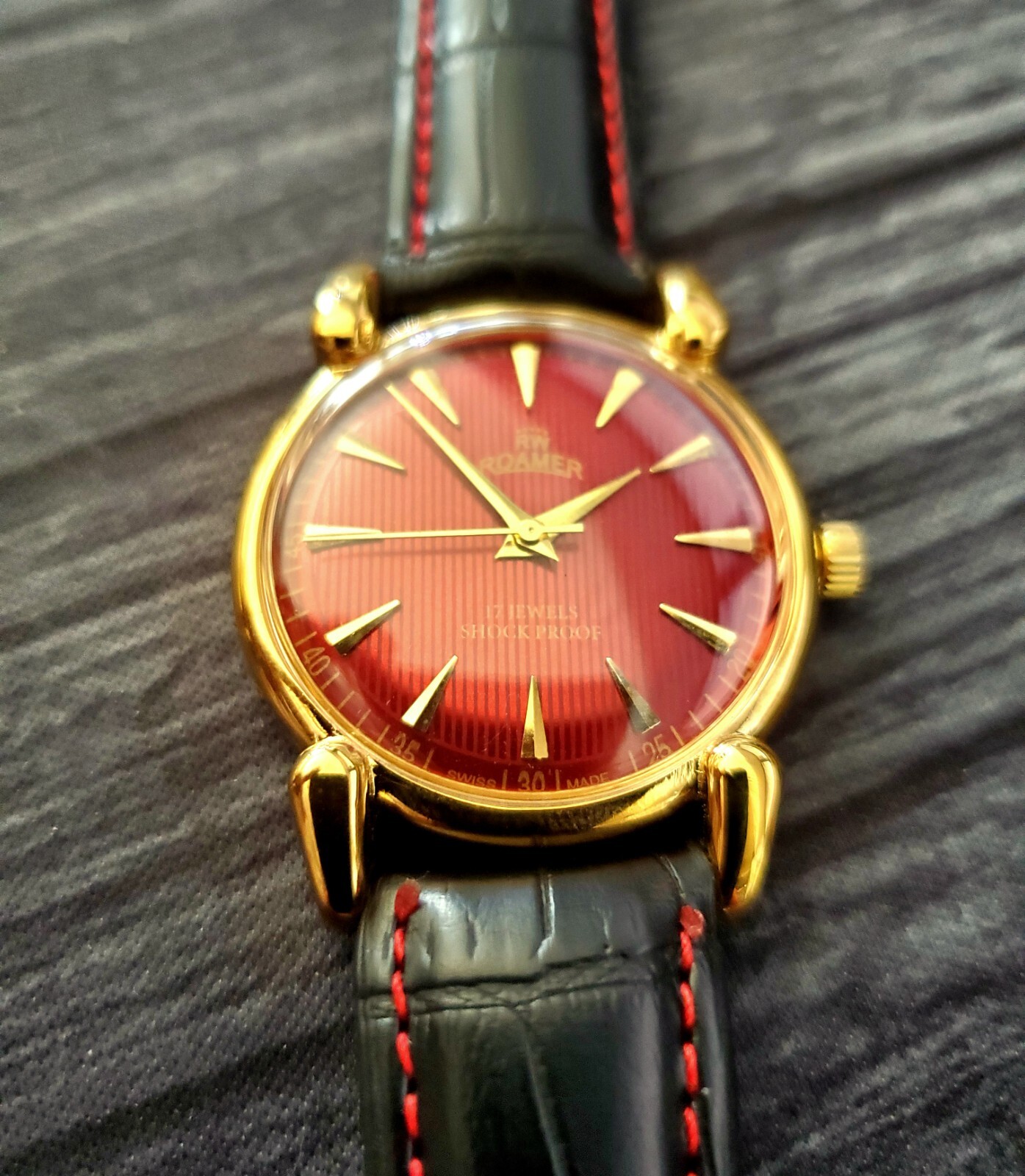RARE Roamer Brevete Swiss Mens Manual Watch Red Teaked Dial