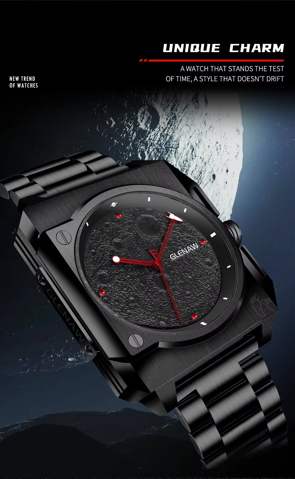 GLENAW Mechanical Men’s Watch Moon Surface Dial Luminous Spaceship Pointer 3ATM