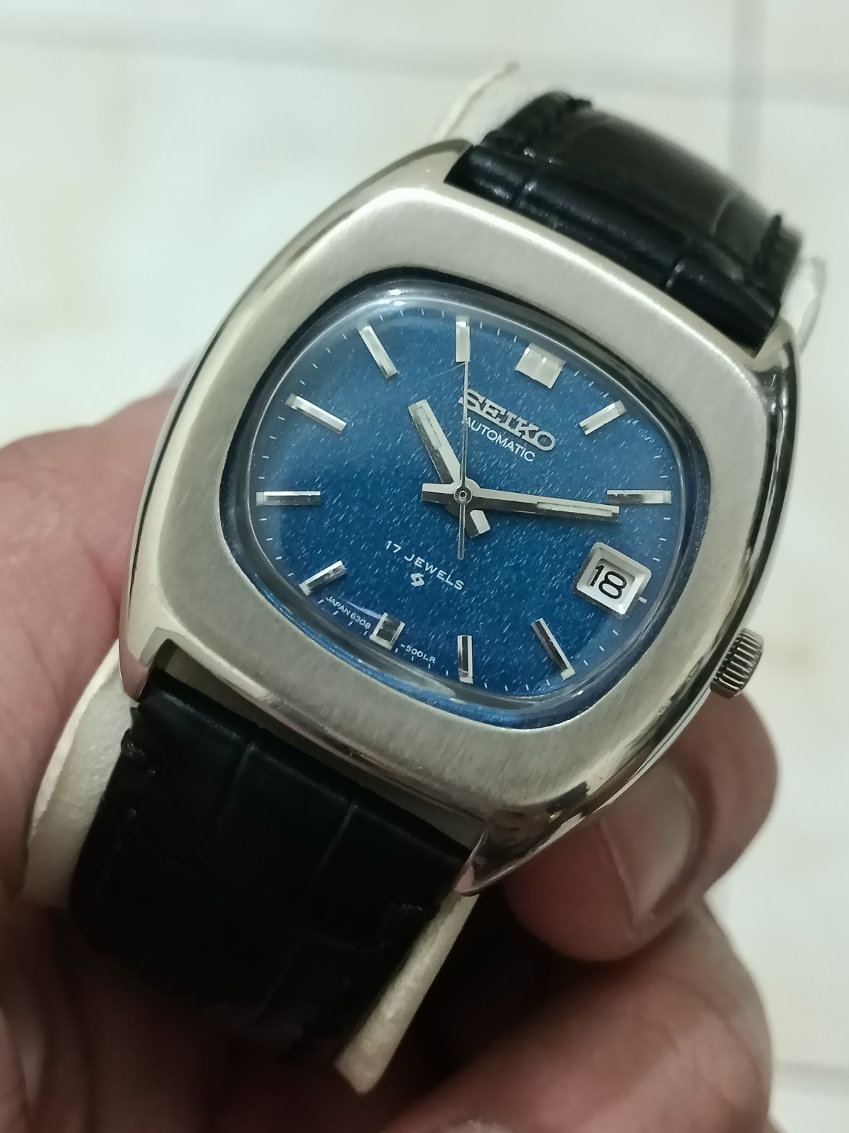 Rare Seiko Automatic Blue Textured Dial Japan Men’s Dress Watch 6308-5000