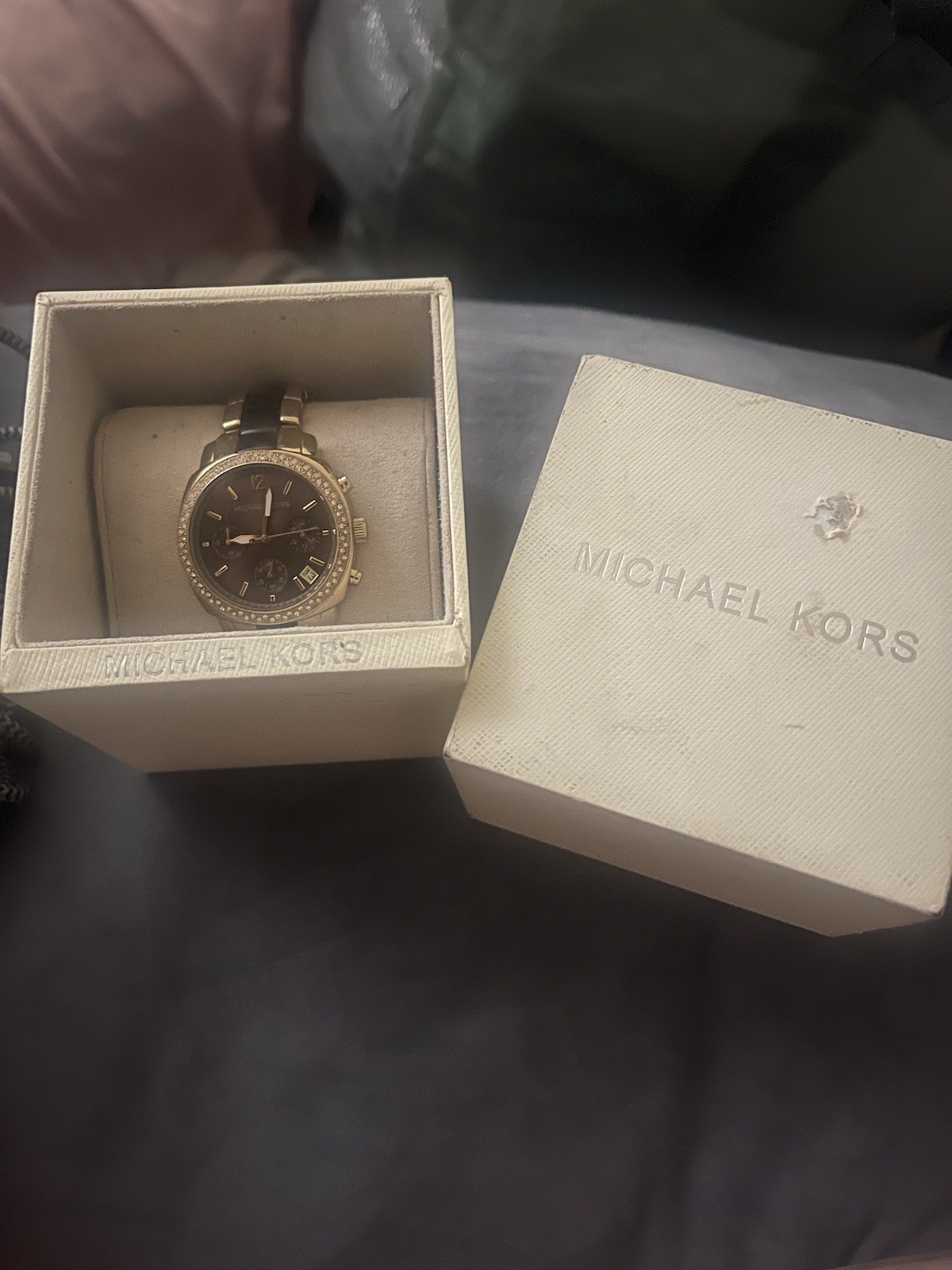 Michael Kors Women’s Black Dial Gold Tone Bracelet Watch Crystal Bezel Date