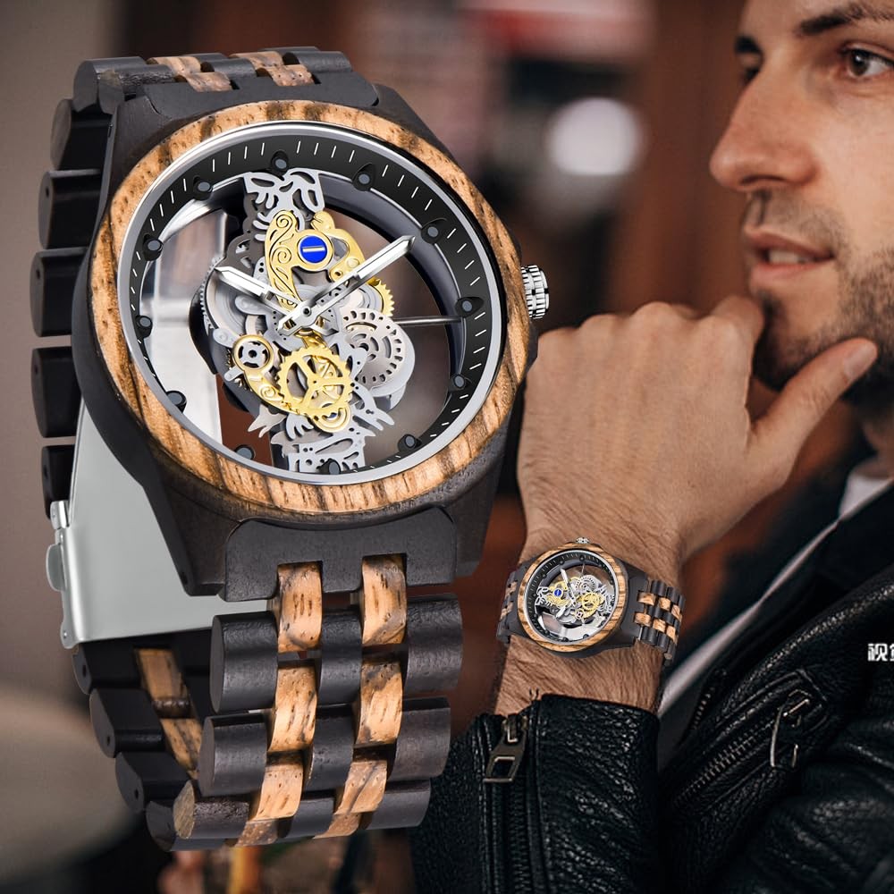 Dentily Men’s Hollow Analog Wooden Watch Retro Gear Carving black&brown