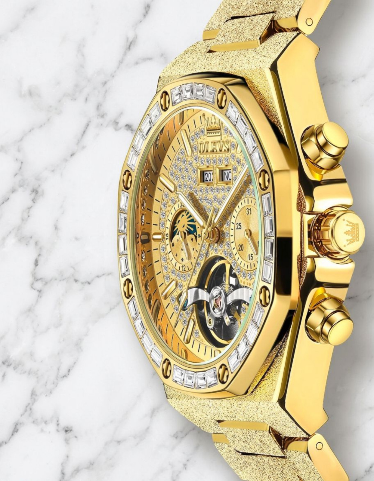 Men’s Luxury Jewel Business Watch Self Winding Wristwatch Gold Dial Bling Olevs