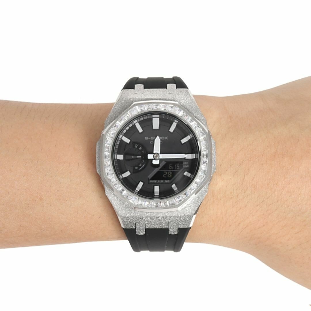 G-Shock GA2100 1A Metal Custom Frosted Silver Rubber Band Baguette CZ Bezel Casi