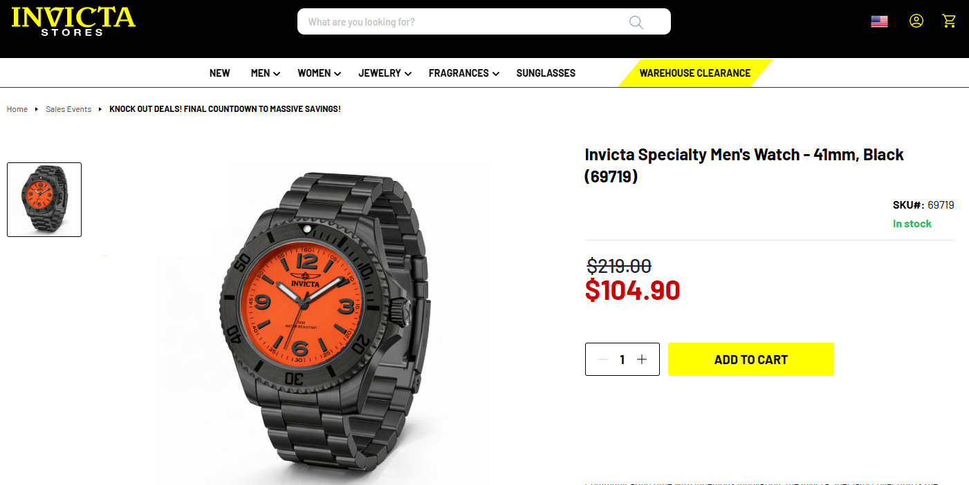 Invicta Specialty Men’s Watch 41mm Black with Black Bezel & Orange Dial NEW