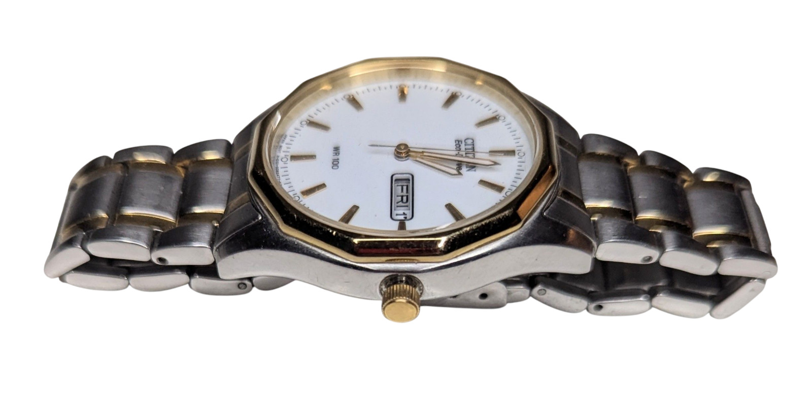 Citizen Eco-Drive E101-S053439 Two Tone WR 100M Day Date Watch Fresh Battery!