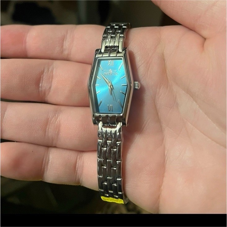 Silver Metal Tonneau Analog Wristwatch Blue Dial Bracelet Band Stick Indexes