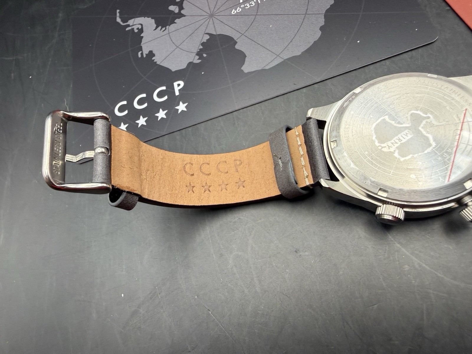 CCCP Mirny Watch Soviet-Inspired Green Dial Leather Strap Box Damage