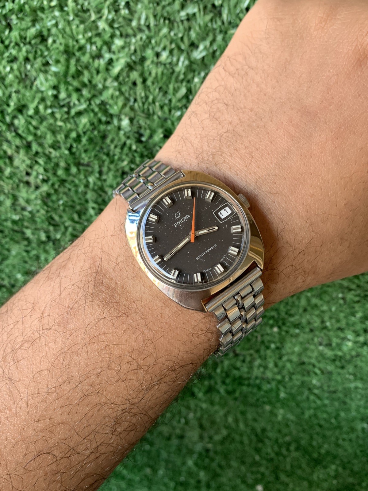 Vintage Enicar Ocean Pearl Watch Stainless Steel Star Jewels Dial 36mm Men 1960s