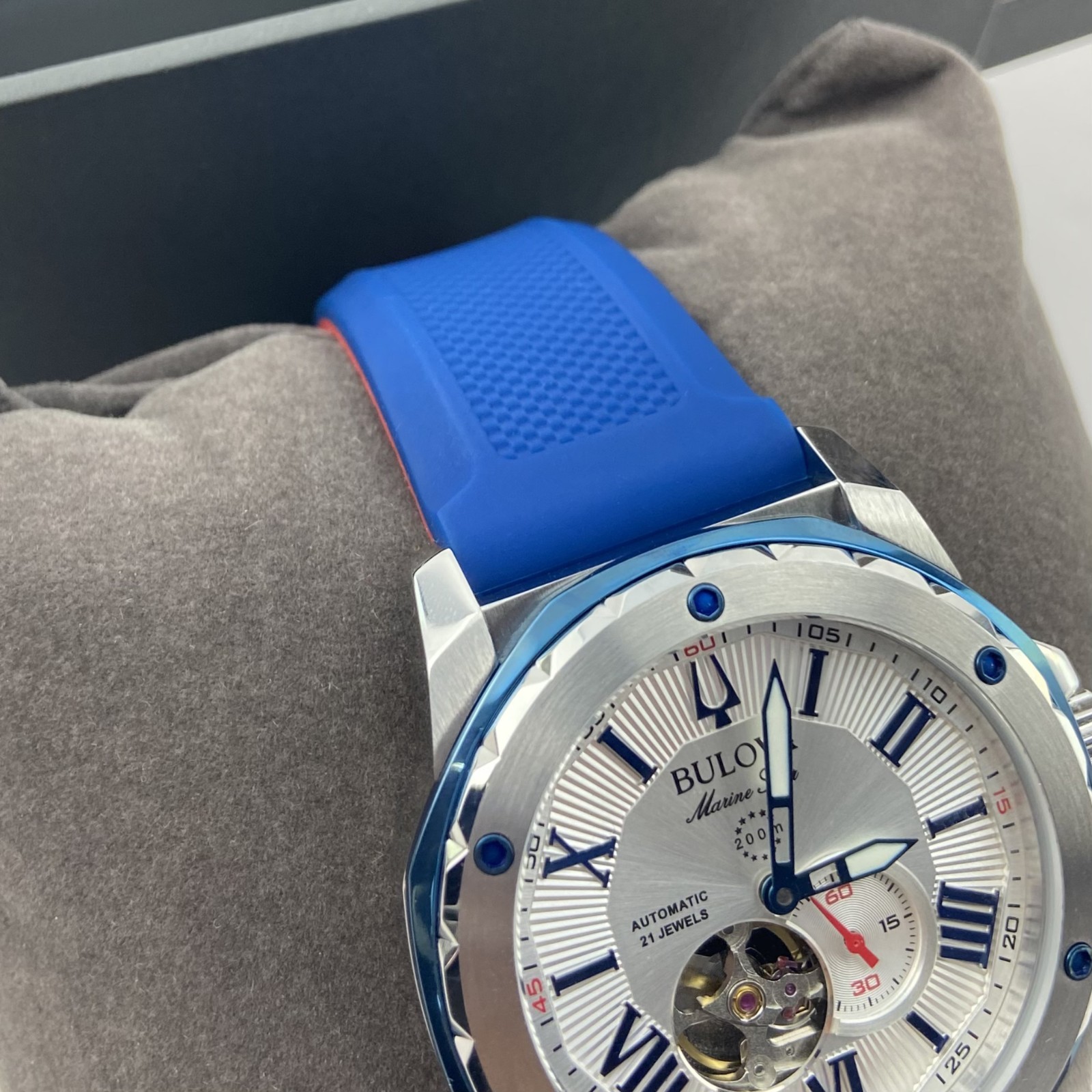 Bulova 98A225 Marine Star Automatic White Dial Blue Rubber Strap Men’s 45mm