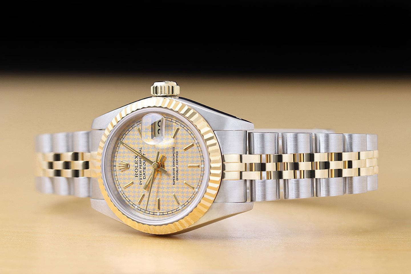 ROLEX LADIES DATEJUST 69173 HOUNDSTOOTH DIAL 18K YELLOW GOLD STEEL 2-TONE WATCH