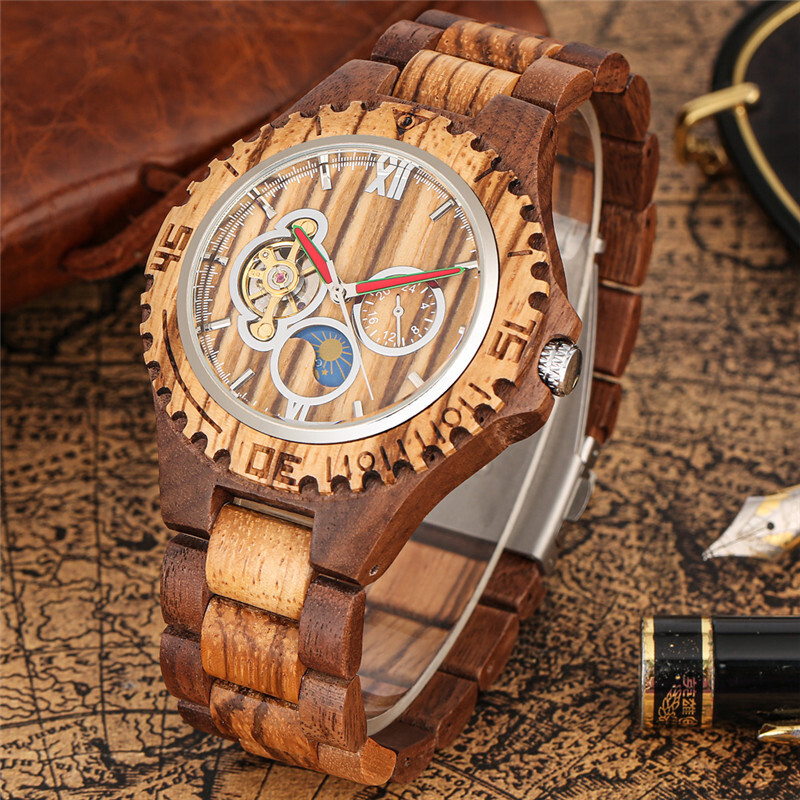 Men’s Wooden Automatic Watch Full Wooden Bracelet Wristwatch Folding Clasp Gifts