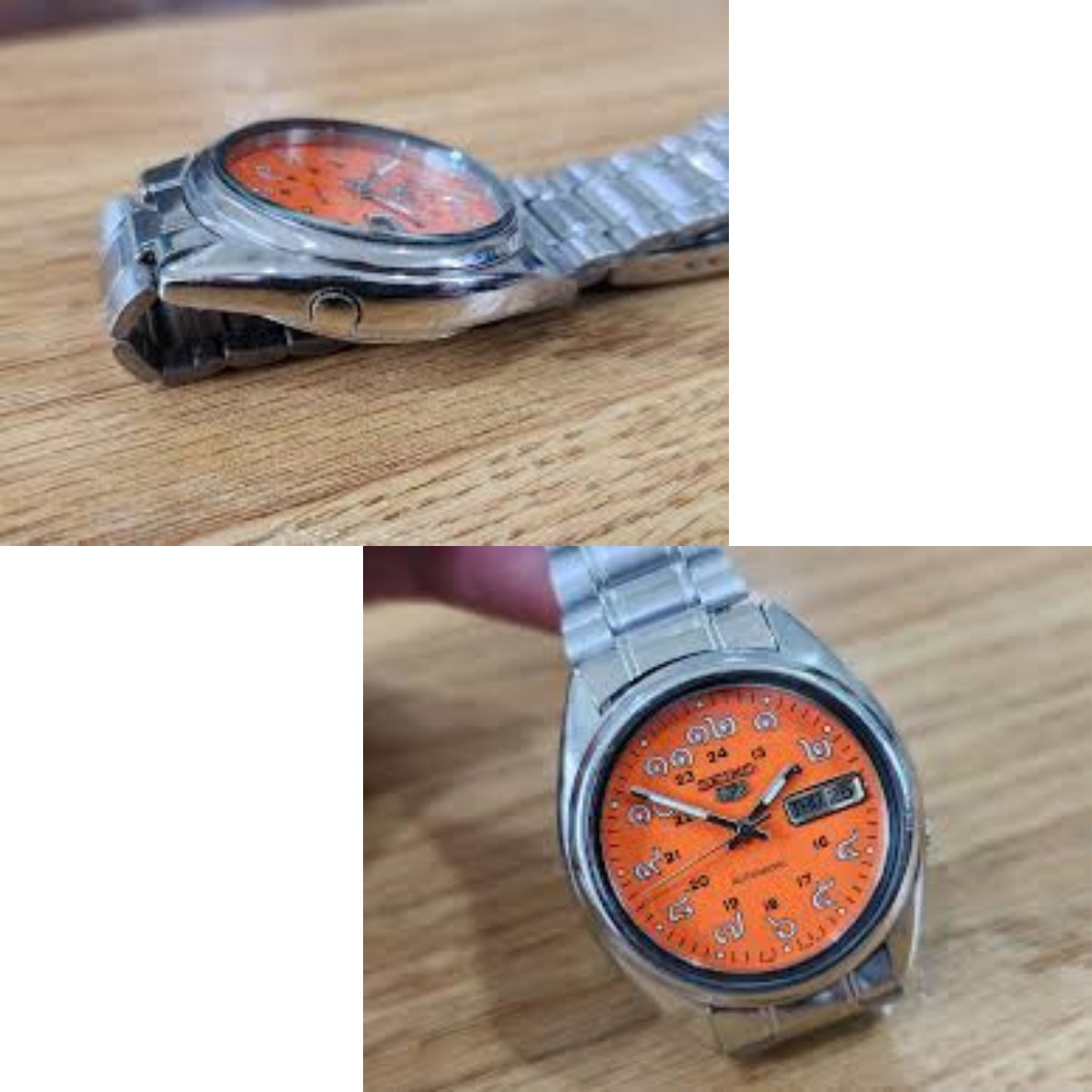 Seiko 5 7009 Automatic Watch Vintage Dial Thai Numbers Orange Face Stainless