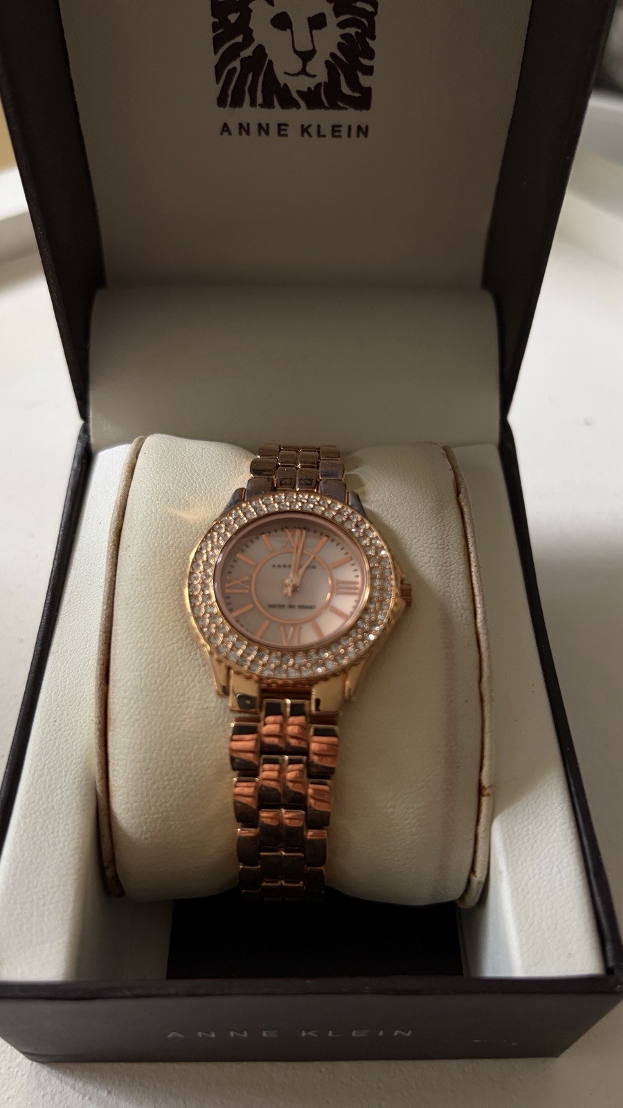 Anne Klein Women’s Rose Gold-Tone Bracelet Watch Pink Dial Gem-Set Bezel w/ Box