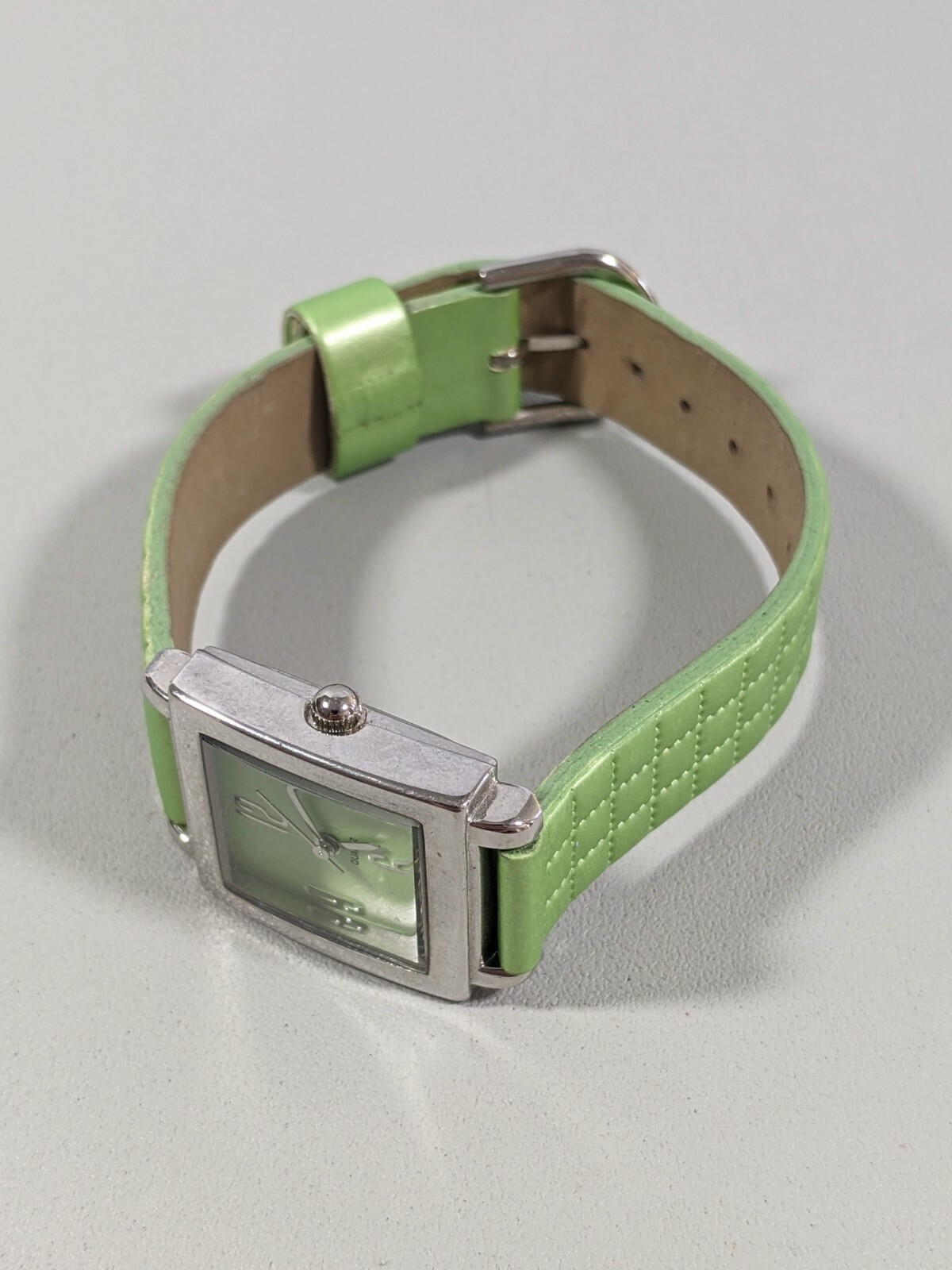 Green Dial Silver Tone Square Case 24 mm Green Faux Leather Band Watch 8 Inch