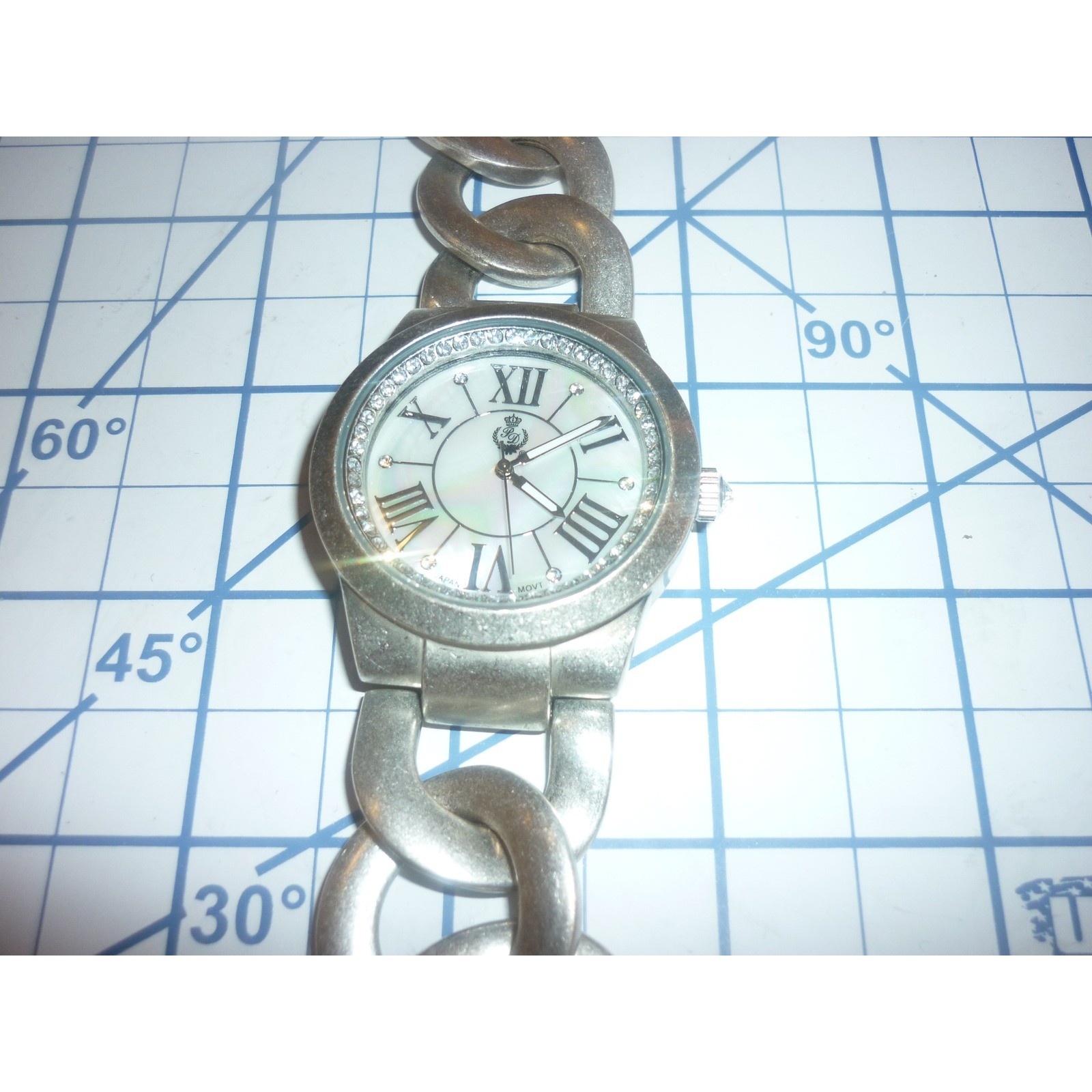 Premiere Designs Watch 9429 Silver Tone Chain Link Mother of Pearl Rhinestone