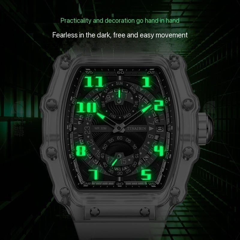 Fashion Luxury Barrel Shape Skeleton Watch Men’s Quartz Sport Watch Rubber Band