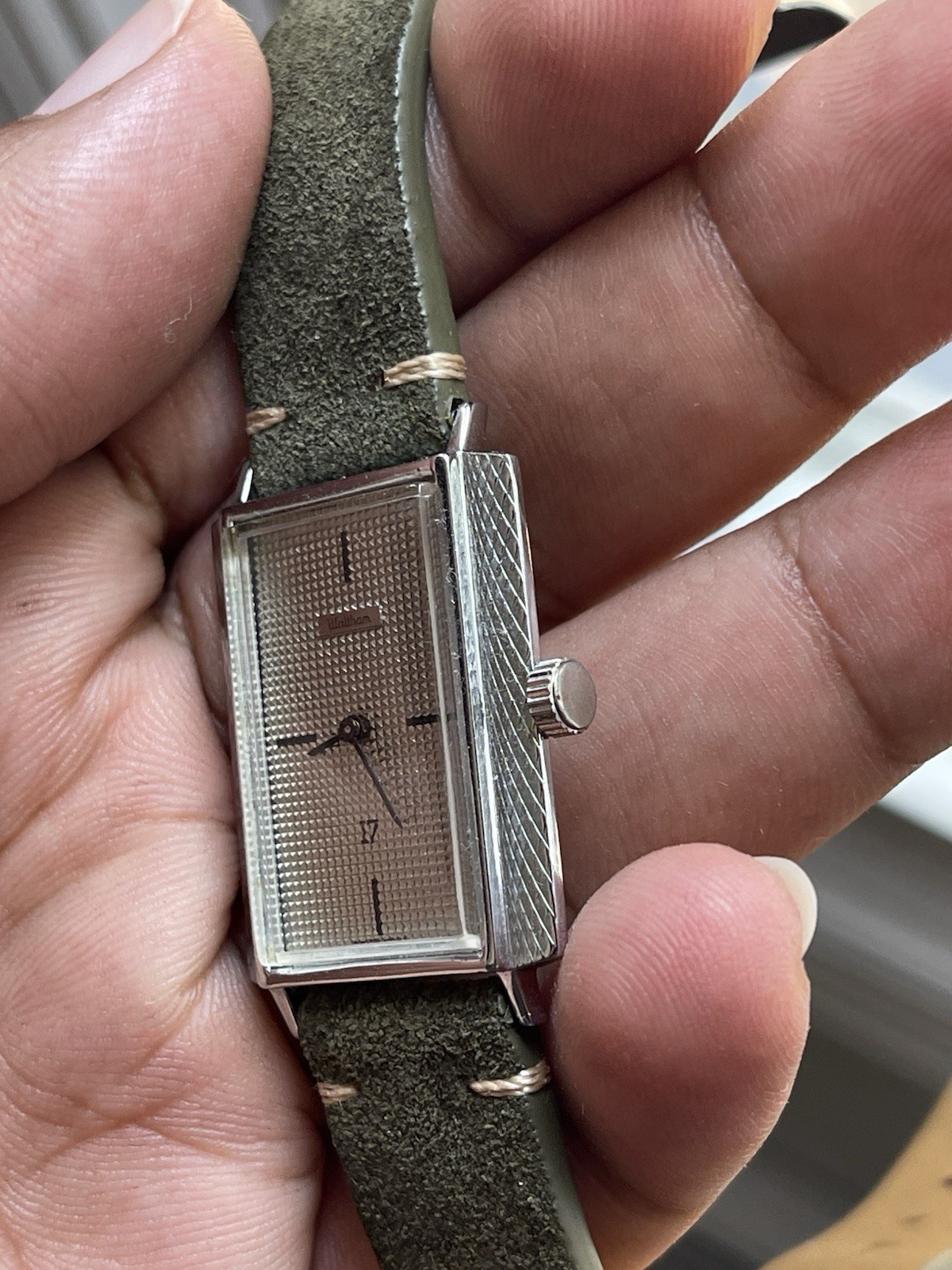 Waltham Manual Wind Mechanical Watch Hobnail Silver Dial Textured Case Running