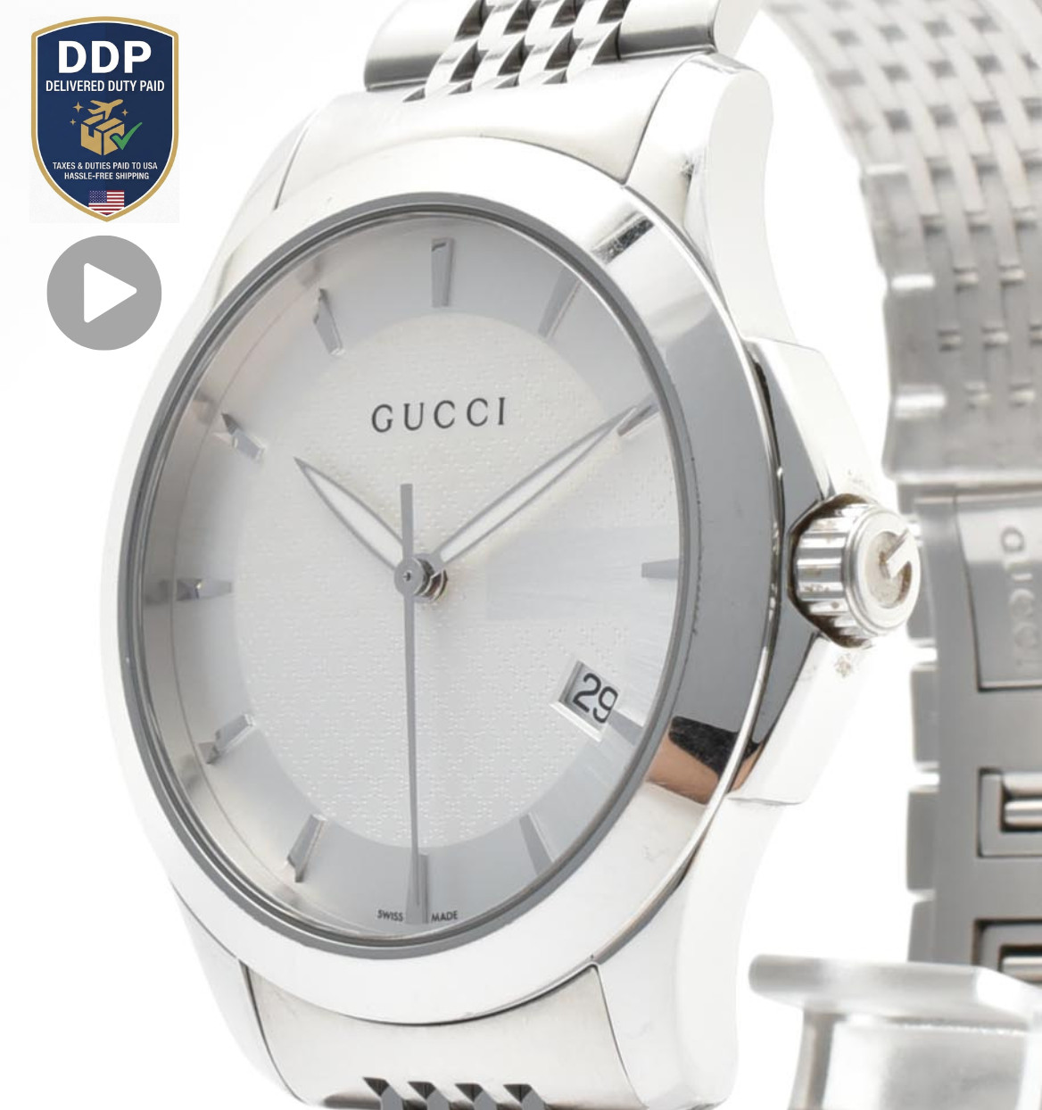 [Exc+5] GUCCI G-Timeless 126.4 Quartz Silver Dial Date Dress Men’s Watch 18cm