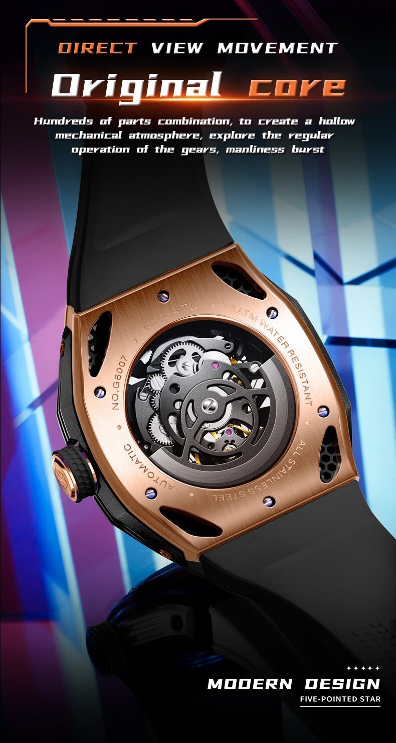 GELATU Men’s Skeleton Sport Automatic Mechanical Watch 5ATM Luminous Wristwatch