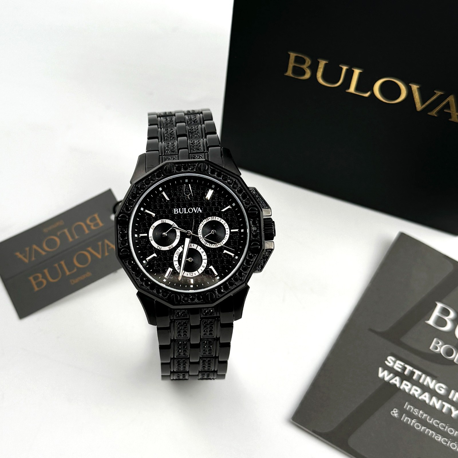 Bulova Crystal Octava 98C134 Quartz Black Pave Dial Stainless Men’s Watch 41.5mm