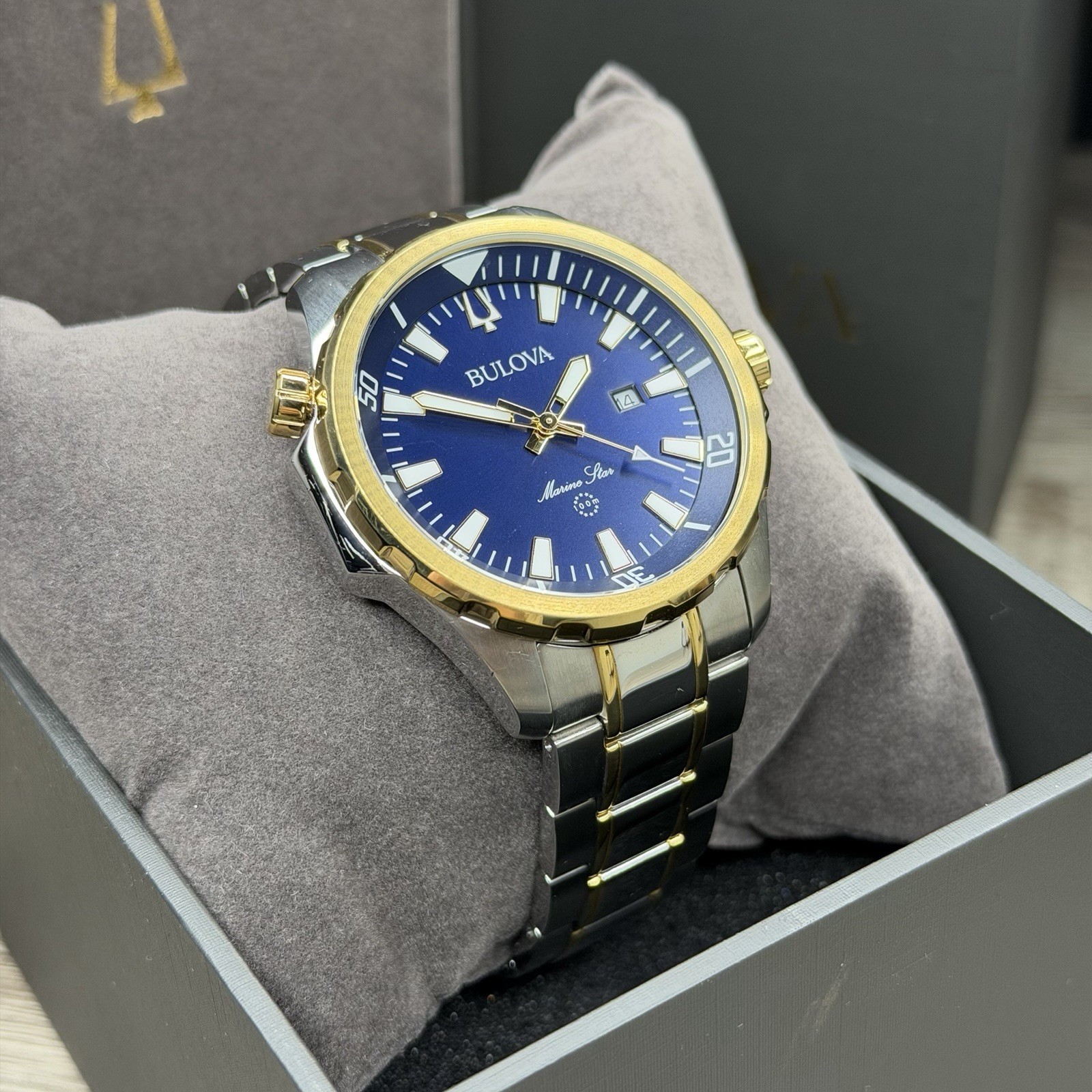 SPORT✅ Bulova Marine Star Blue Dial Calendar Two-Tone Men’s Watch 43mm 98B384