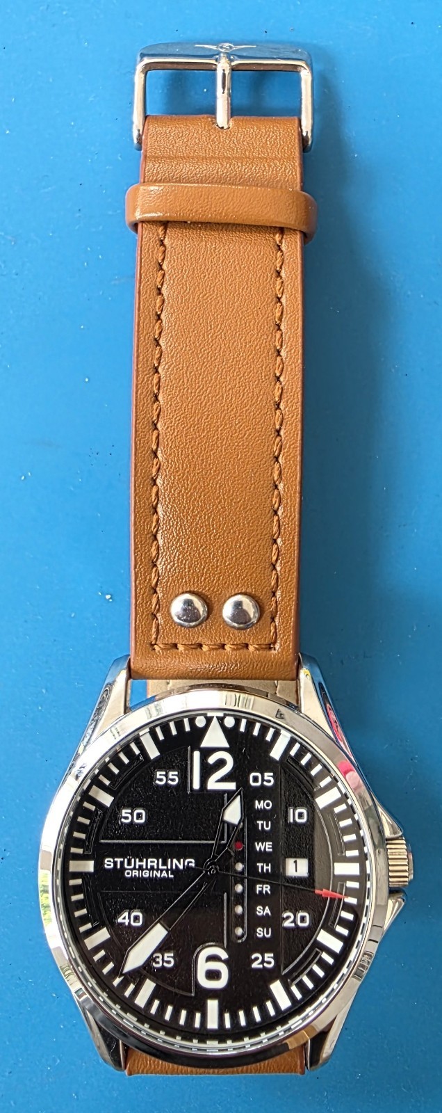 Stuhrling Original Men’s Quartz Watch Day Date Black Dial Brown Leather Strap