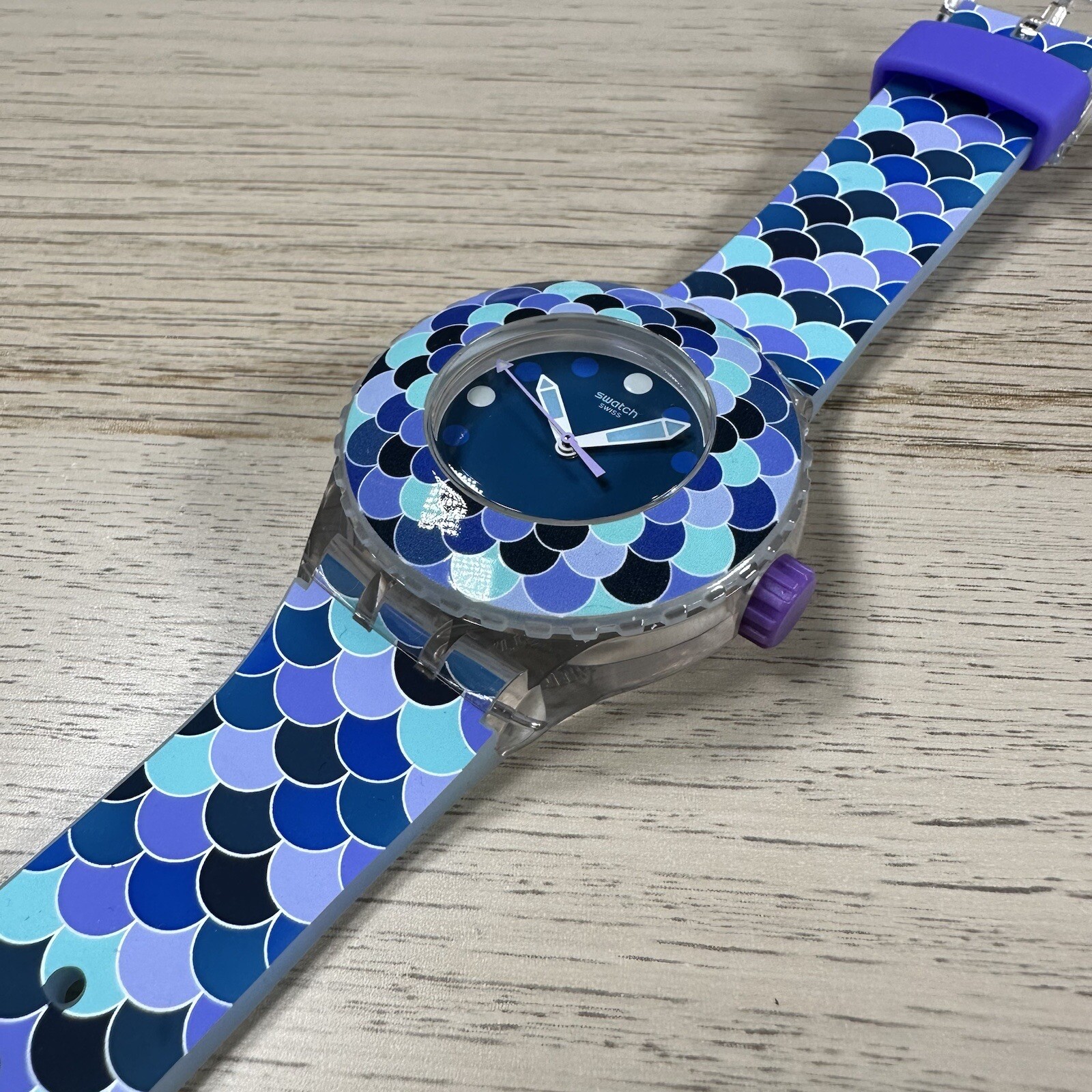 NEW✅ Swatch Watch Scuba PEDRINHA AZUL SUUK110 Skeleton Blue And Purple Watch