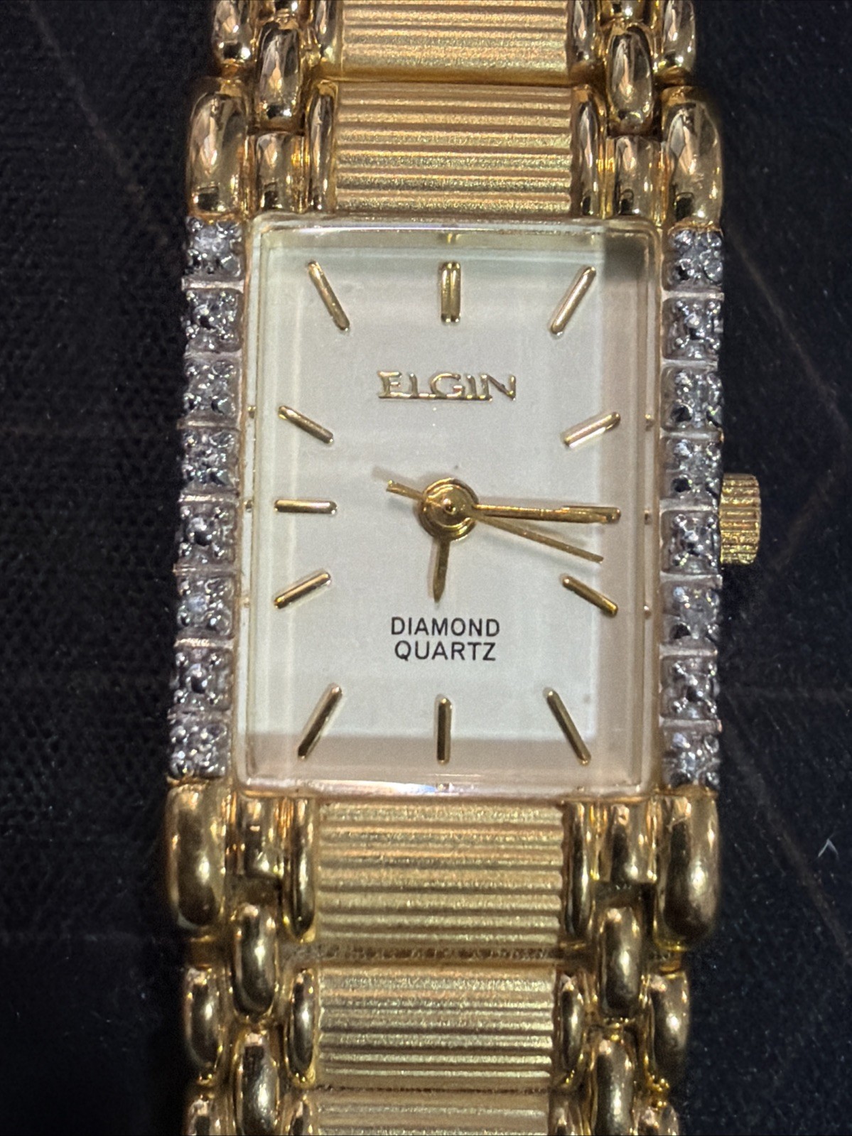 Vtg Elgin Ladies 17mm Watch Gold Tone Diamond Bezel Gold Dial 6.25″ em264 – RUNS