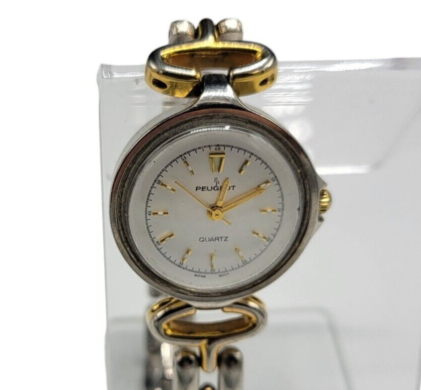 Vintage Peugeot Quartz Silver Tone Gold Accent Snap Band Analog Watch – working
