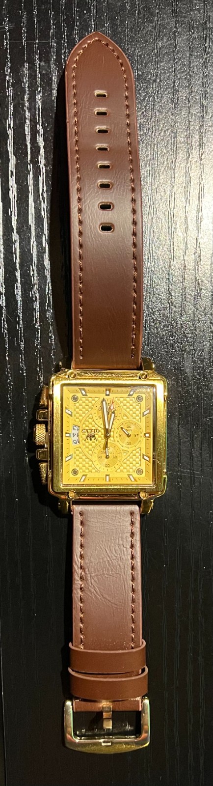 OLEVS Men’s Gold Tone Square Chronograph Watch Brown Leather Band Date Display