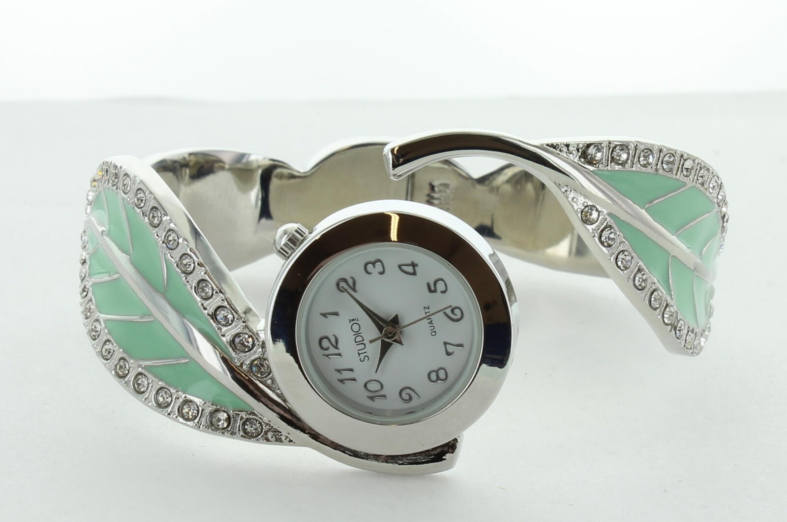 STUDIO Women’s Quartz Metal Casual BANGLE Watch, Silver AND GREEN-Toned STD3938