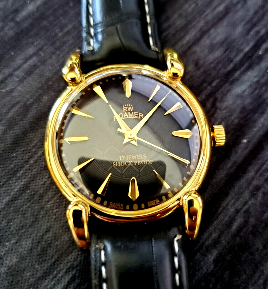 Vintage Roamer Shock Proof HAnd Wind Swiss Watch Restored Serviced GLD-BLK-BLK