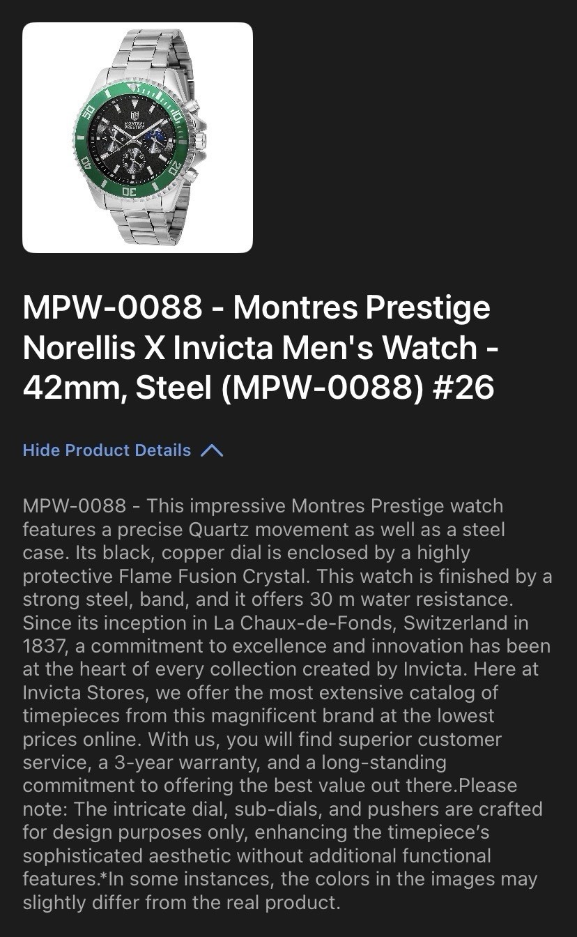 Montres Prestige Men’s Quartz Watch 42mm Black Dial Green Bezel Steel 30m