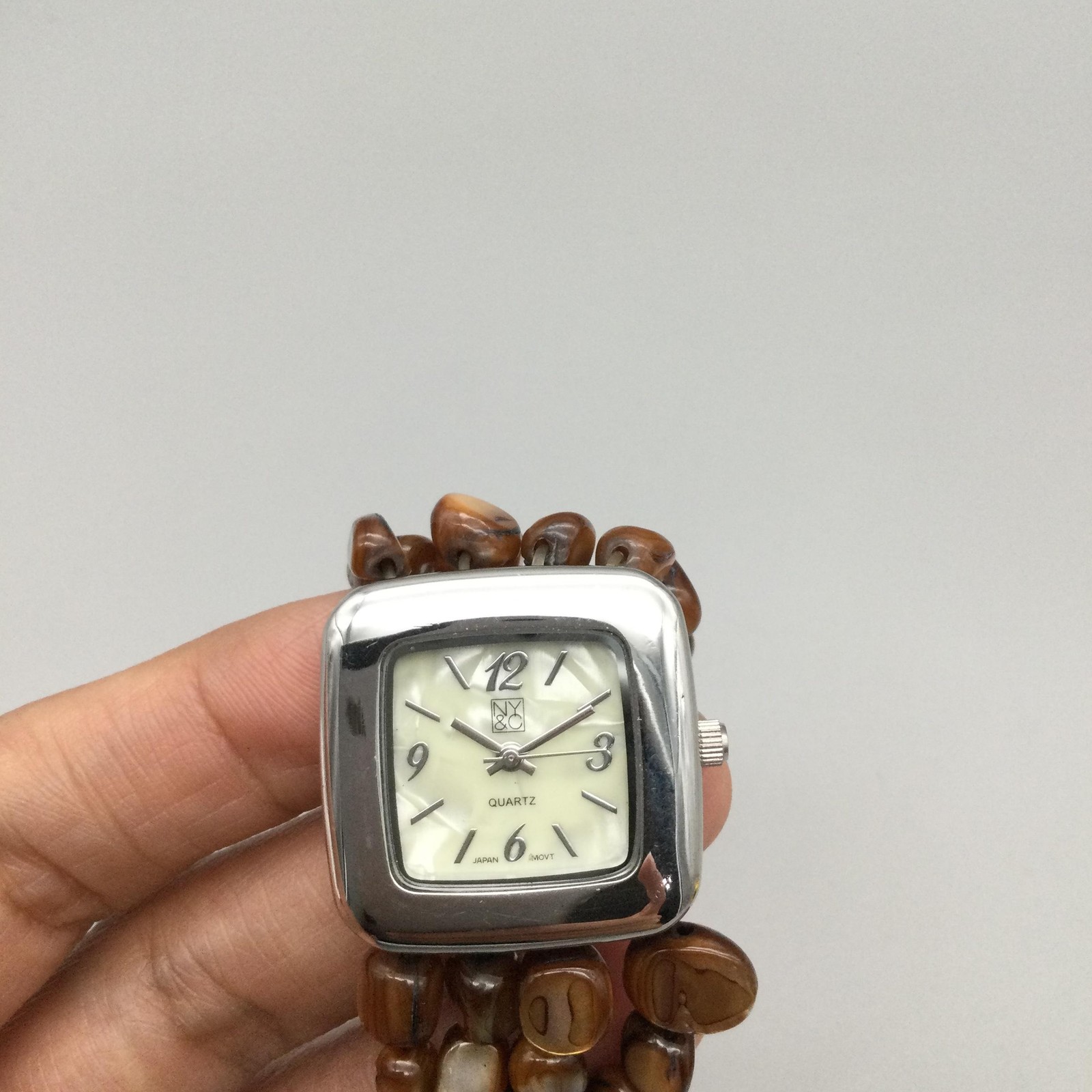 NY&C Womens Watch 28mm Silver Tone Brown Beaded Bracelet NY3168 New Battery