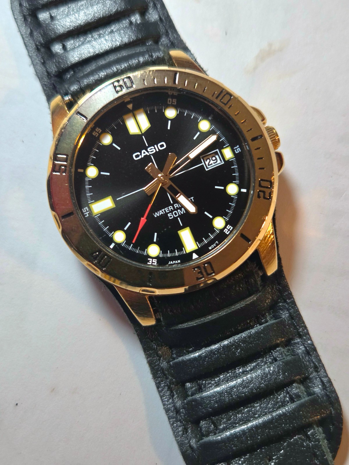 Casio MTP-VD01 Diver Style Fixed Bezel Gold Quartz Black Leather Cuff Watch 43mm