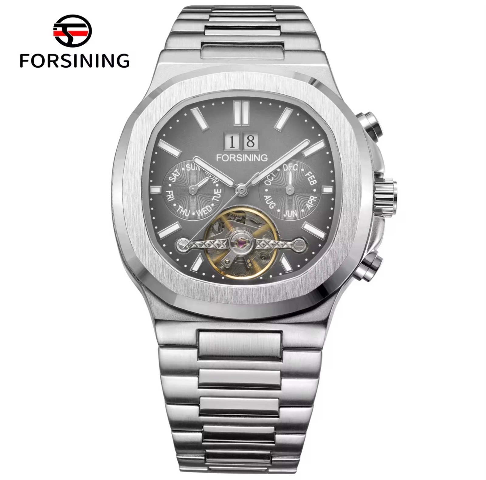 FORSINING Brand Tourbillon Men’s Automatic Mechanical Stainless Steel Band Watch