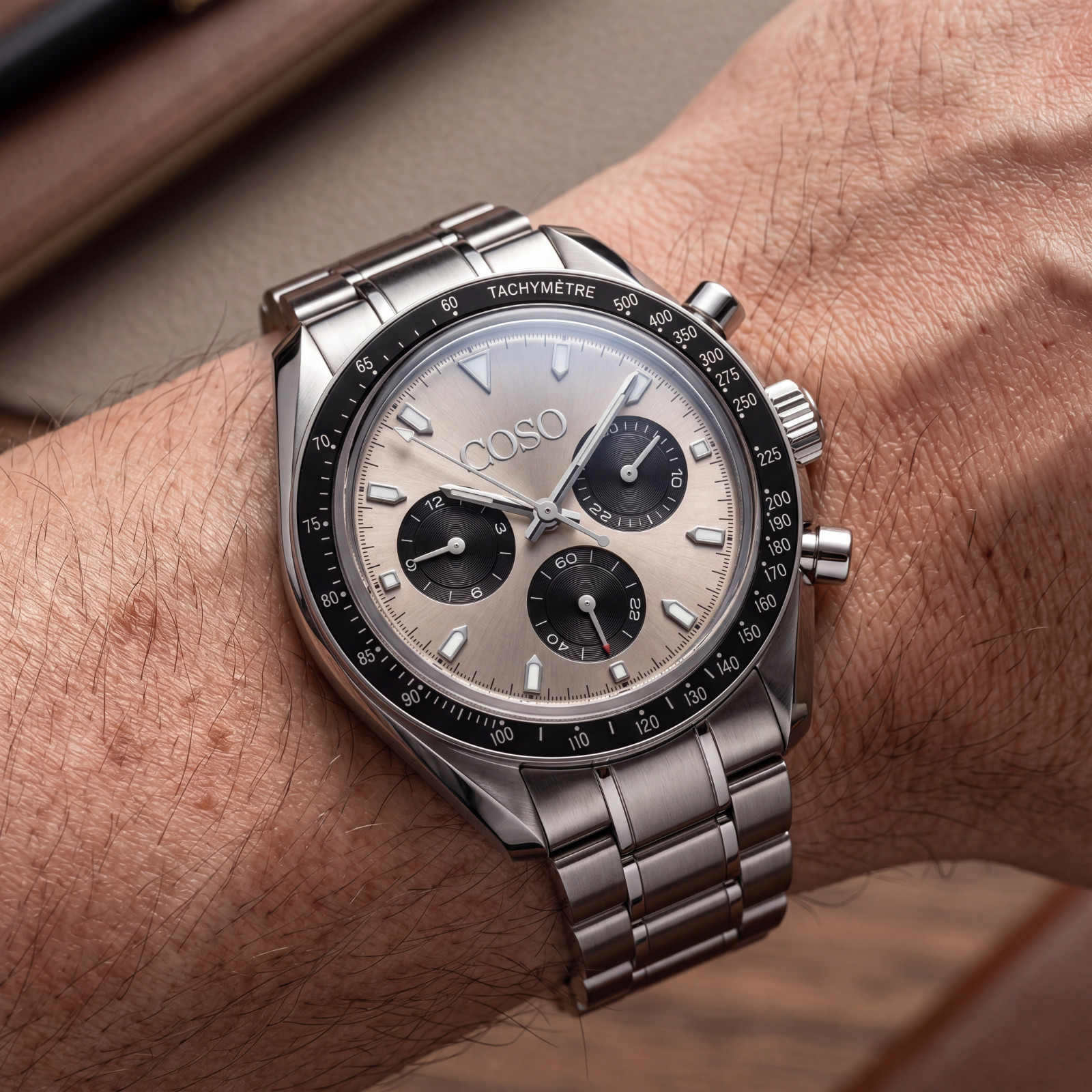 COSO Torvex Chronograph Mens Watch Steel Taupe Dial Black Sub-Dials Bracelet