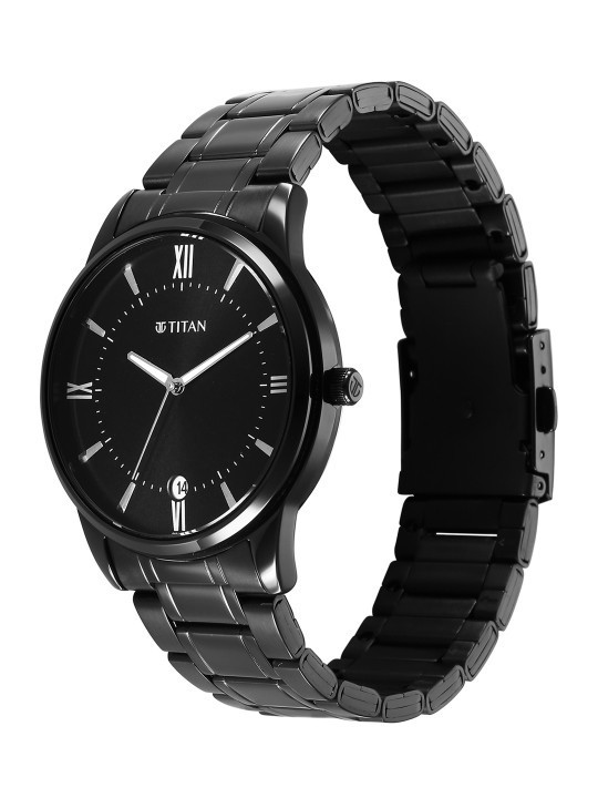 Titan Mens Watch Black Solid Dial Stainless Steel Bracelet Date Aperture 50M